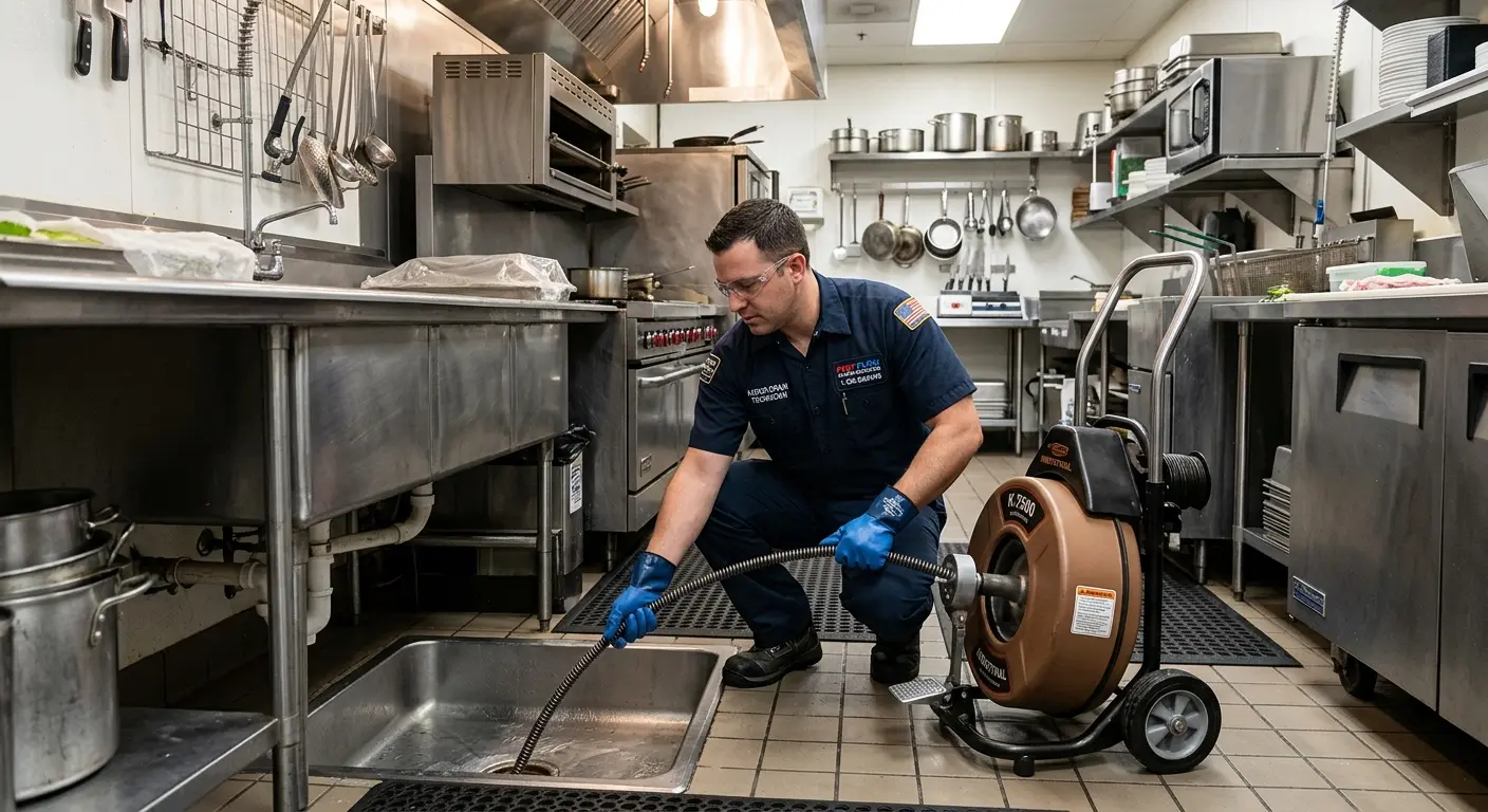 Commercial drain cleaning service in a restaurant kitchen in Barrington