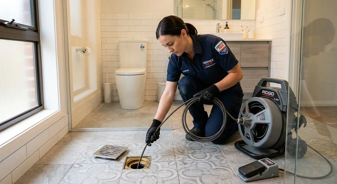 Technician clearing a bathroom floor drain for Drain Cleaning in Barrington